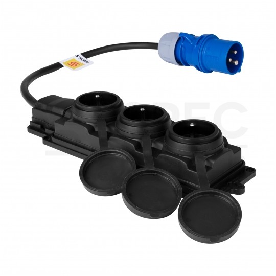 Adapter kempingowy wtyk 3P 16A / listwa zasilająca gumowa 3x 2P+Z 16A 230V IP44 na kablu OW 3x2,5mm2 0,5m