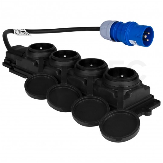 Adapter kempingowy wtyk 3P 16A / listwa zasilająca gumowa 4x 2P+Z 16A 230V IP44 na kablu OW 3x2,5mm2 0,5m