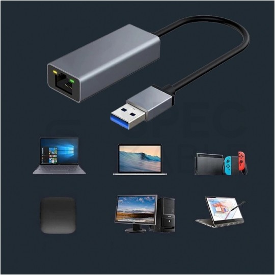 Adapter sieciowy USB 3.0 A / Gigabit Ethernet RJ45 [8p8c] (wtyk / gniazdo) srebrny 12cm