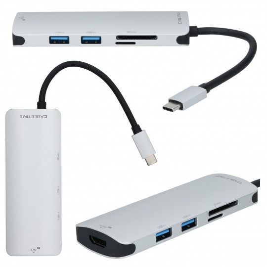 Adapter USB C (m)-> HDMI(ż) 4K + 2x USB A(ż) 3.0 + USB C (ż) + czytnik kart SD/TF i Micro SD 15cm AUDA