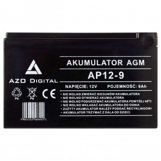 Akumulator AGM do zasilacza UPS 12V 9Ah bezobsługowy (Faston 250) Azo Digital