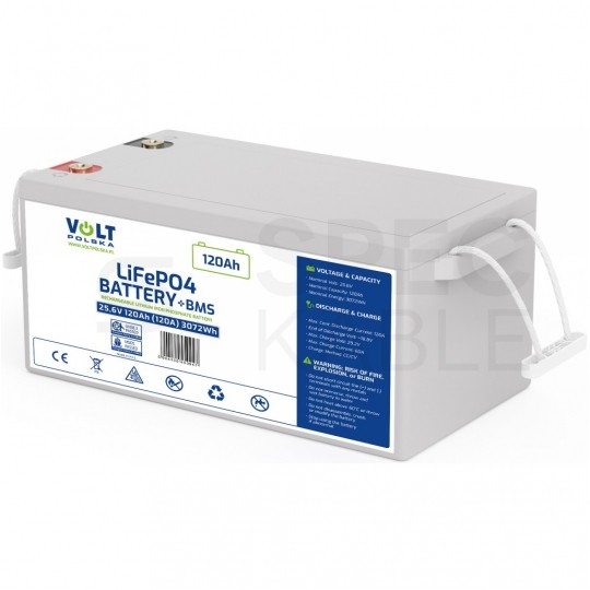 Akumulator LiFePO4 (litowo-żelazowo-fosforanowy) 25,6V 120Ah (120A) bezobsługowy + BMS VOLT