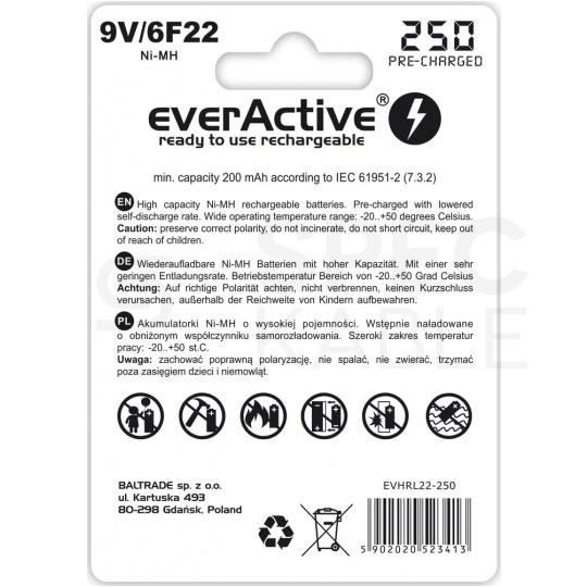 Akumulator Ni-MH 6F22 9V 250mAh (Ready 2 Use) everActive Silver Line BLISTER 1szt.