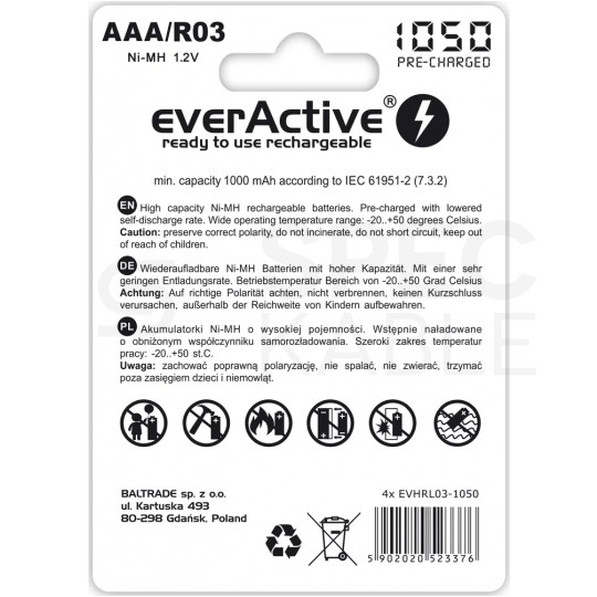 Akumulator Ni-MH R03 AAA 1050mAh 1,2V (Ready 2 Use) everActive Professional Line BLISTER 4szt.