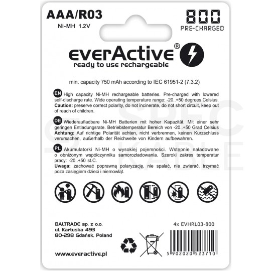 Akumulator Ni-MH R03 AAA 800mAh 1,2V (Ready 2 Use) everActive Professional Line BLISTER 4szt.