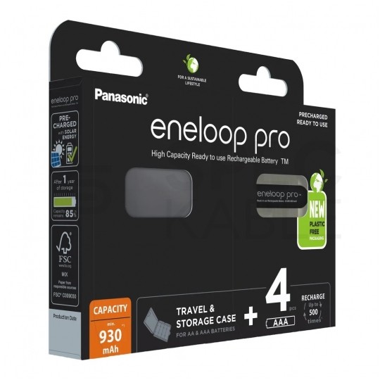 Akumulator Ni-MH R03 AAA 930mAh 1,2V (Ready 2 Use) Panasonic Eneloop Pro BLISTER 4szt. + Pojemnik na 4 szt akum. R6/AA lub R03/AAA