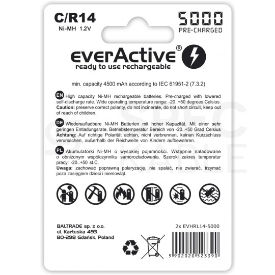Akumulator Ni-MH R14 C 5000mAh 1,2V (Ready 2 Use) everActive Professional Line BLISTER 2szt.