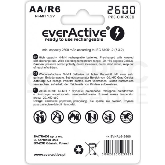 Akumulator Ni-MH R6 AA 2600mAh 1,2V (Ready 2 Use) everActive Professional Line BLISTER 4szt.