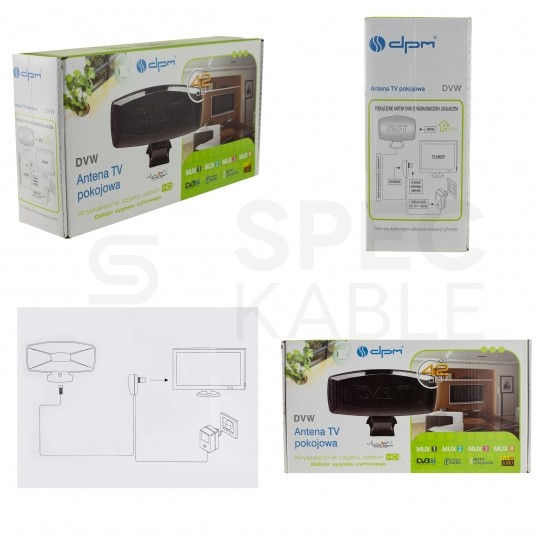 Antena pokojowa DVB-T VHF/UHF/FM ze wzmacniaczem 28dB i zasilaczem