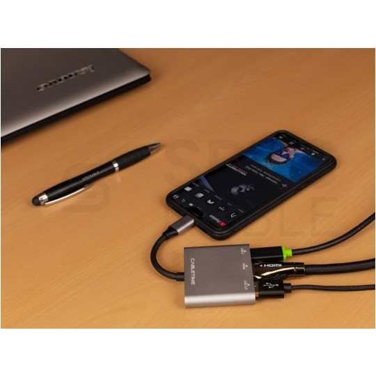 AUDA CableTime Adapter 3w1 Hub USB 3.1 typ-C -> HDMI 4K@30 + USB 3.0 A + USB 3.1 typ-C (20V/3A) szary 15cm