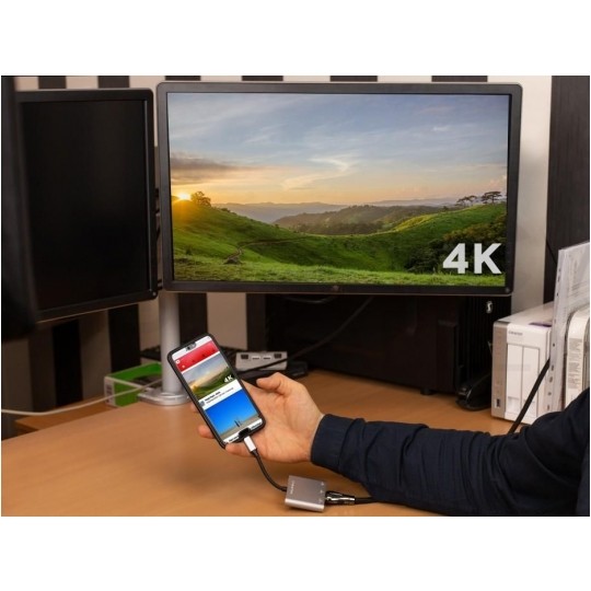 AUDA CableTime Adapter 3w1 Hub USB 3.1 typ-C -> HDMI 4K@30 + USB 3.0 A + USB 3.1 typ-C (20V/3A) szary 15cm