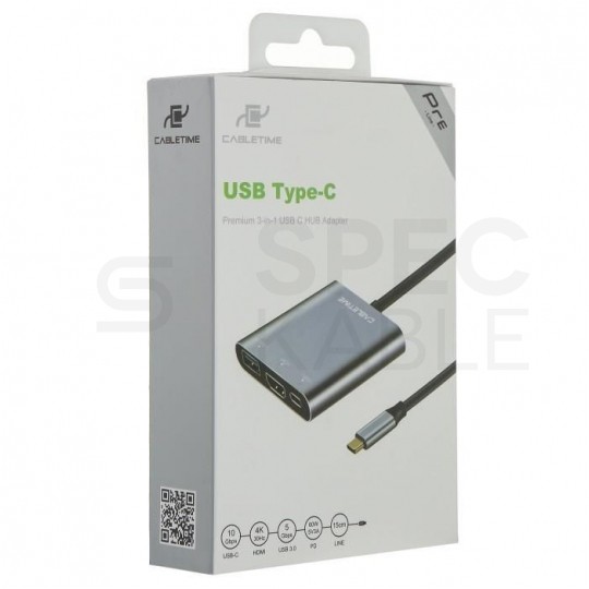 AUDA CableTime Adapter 3w1 Hub USB 3.1 typ-C -> HDMI 4K@30 + USB 3.0 A + USB 3.1 typ-C (20V/3A) szary 15cm
