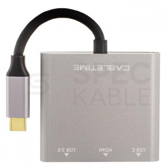 AUDA CableTime Adapter 3w1 Hub USB 3.1 typ-C -> HDMI 4K@30 + USB 3.0 A + USB 3.1 typ-C (20V/3A) szary 15cm