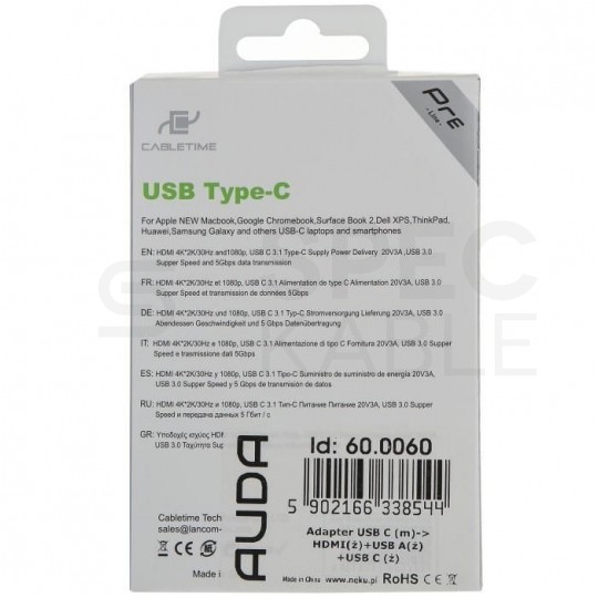 AUDA CableTime Adapter 3w1 Hub USB 3.1 typ-C -> HDMI 4K@30 + USB 3.0 A + USB 3.1 typ-C (20V/3A) szary 15cm