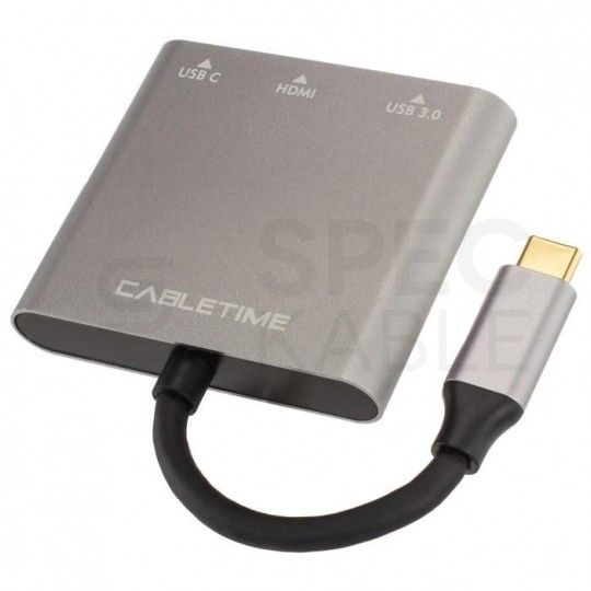 AUDA CableTime Adapter 3w1 Hub USB 3.1 typ-C -> HDMI 4K@30 + USB 3.0 A + USB 3.1 typ-C (20V/3A) szary 15cm