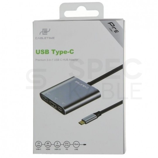 AUDA CableTime Adapter 3w1 Hub USB 3.1 typ-C -> HDMI 4K@30 + USB 3.0 A + USB 3.1 typ-C (20V/3A) szary 15cm