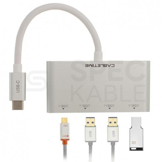 AUDA CableTime Adapter 4w1 Hub USB 3.1 typ-C -> 3x USB 3.0 A + USB 3.1 typ-C (20V/3A) srebrny 15cm