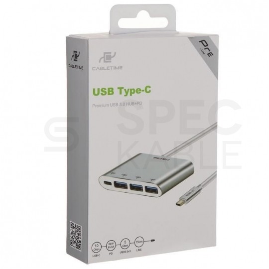 AUDA CableTime Adapter 4w1 Hub USB 3.1 typ-C -> 3x USB 3.0 A + USB 3.1 typ-C (20V/3A) srebrny 15cm