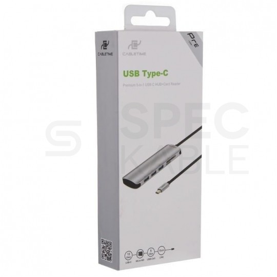 AUDA CableTime Adapter 5w1 Hub USB 3.1 typ-C -> 3x USB 3.0 A + czytnik kart SD / MicroSD srebrny 15cm