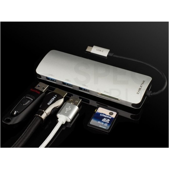 AUDA CableTime Adapter 5w1 Hub USB 3.1 typ-C -> 3x USB 3.0 A + czytnik kart SD / MicroSD srebrny 15cm