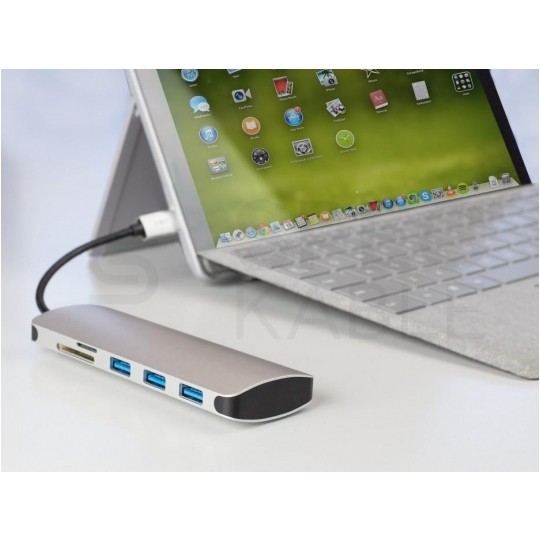 AUDA CableTime Adapter 5w1 Hub USB 3.1 typ-C -> 3x USB 3.0 A + czytnik kart SD / MicroSD srebrny 15cm