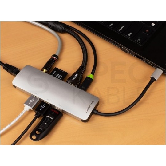 AUDA CableTime Adapter 9w1 Hub USB 3.1 typ-C -> HDMI 4K@30 + 3x USB 3.0 A + USB 3.1 typ-C (20V/3A) + mini Jack 3,5mm + czytnik kart SD / MicroSD + Gigabit Ethernet RJ45 [8p8c] srebrny 15cm