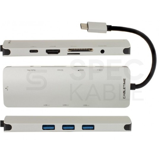 AUDA CableTime Adapter 9w1 Hub USB 3.1 typ-C -> HDMI 4K@30 + 3x USB 3.0 A + USB 3.1 typ-C (20V/3A) + mini Jack 3,5mm + czytnik kart SD / MicroSD + Gigabit Ethernet RJ45 [8p8c] srebrny 15cm