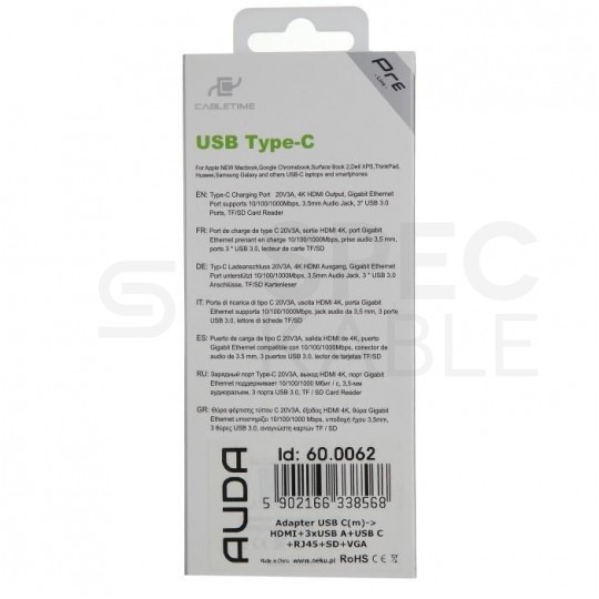 AUDA CableTime Adapter 9w1 Hub USB 3.1 typ-C -> HDMI 4K@30 + 3x USB 3.0 A + USB 3.1 typ-C (20V/3A) + mini Jack 3,5mm + czytnik kart SD / MicroSD + Gigabit Ethernet RJ45 [8p8c] srebrny 15cm