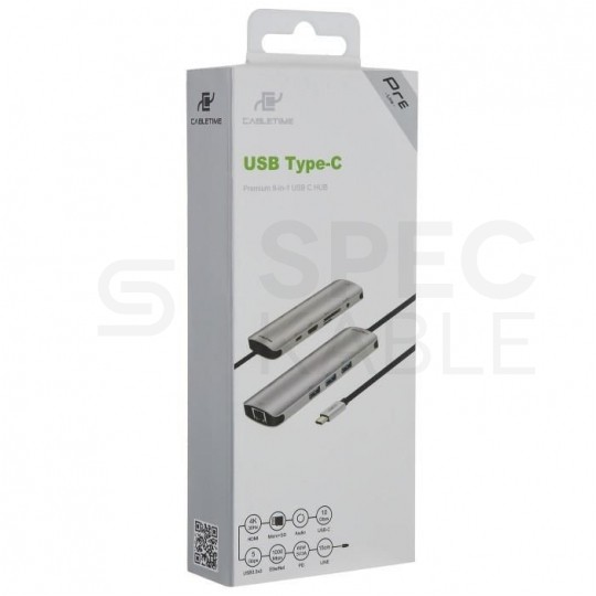 AUDA CableTime Adapter 9w1 Hub USB 3.1 typ-C -> HDMI 4K@30 + 3x USB 3.0 A + USB 3.1 typ-C (20V/3A) + mini Jack 3,5mm + czytnik kart SD / MicroSD + Gigabit Ethernet RJ45 [8p8c] srebrny 15cm