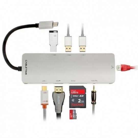 AUDA CableTime Adapter 9w1 Hub USB 3.1 typ-C -> HDMI 4K@30 + 3x USB 3.0 A + USB 3.1 typ-C (20V/3A) + mini Jack 3,5mm + czytnik kart SD / MicroSD + Gigabit Ethernet RJ45 [8p8c] srebrny 15cm
