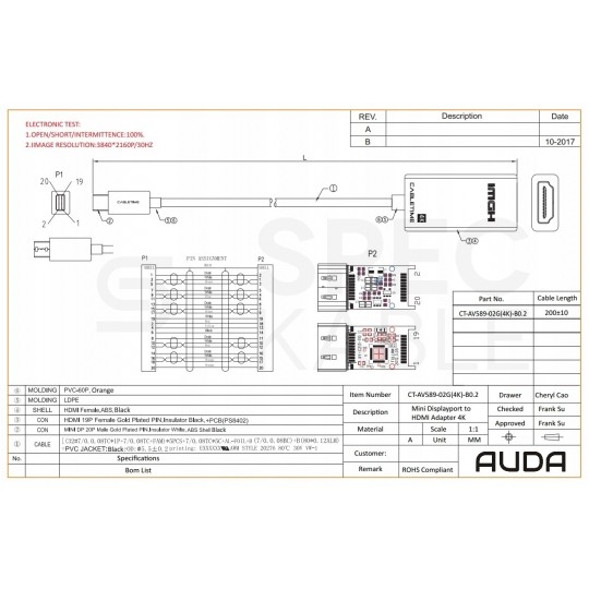 AUDA CableTime Adapter mini DisplayPort -> HDMI 4K@30 (wtyk / gniazdo) czarny 23cm
