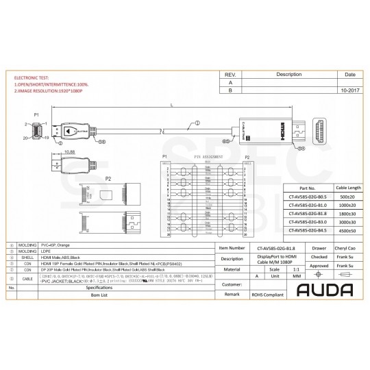 AUDA CableTime Kabel DisplayPort 1.2 / HDMI FHD@60 (wtyk / wtyk) czarny 3m