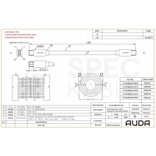 AUDA CableTime Kabel mini DisplayPort 1.2 4K Premium High Speed 4K@60 3m