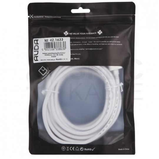 AUDA CableTime Kabel mini Displayport 1.2 / HDMI 4K@30 (wtyk / wtyk) biały 3m