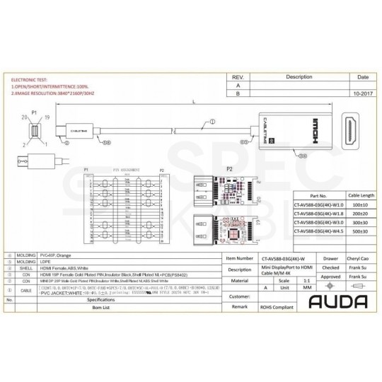AUDA CableTime Kabel mini DisplayPort 1.2 / HDMI FHD@60 (wtyk / wtyk) biały 1,8m