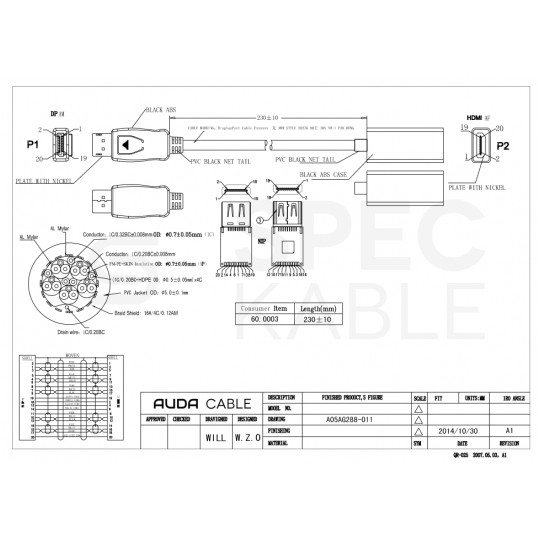 AUDA Optimum Adapter DisplayPort -> HDMI Full HD (wtyk / gniazdo) czarny 23cm