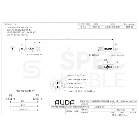 AUDA Optimum Kabel Audio AUX mini Jack 3,5mm Stereo (wtyk / wtyk) 1,5m