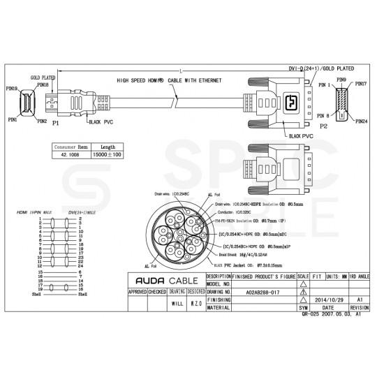 AUDA Optimum Kabel DVI-D Single Link / HDMI 1.4 FHD@60 (wtyk / wtyk) 15m