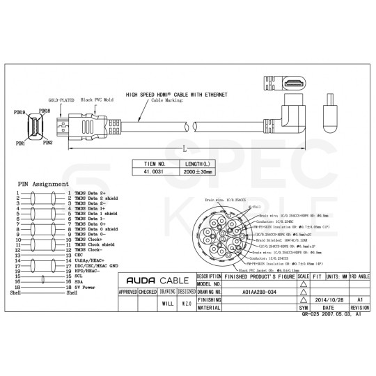 AUDA Optimum Kabel HDMI 1.4 High Speed Full HD 4K@24 z wtykiem kątowym płaskim 2m