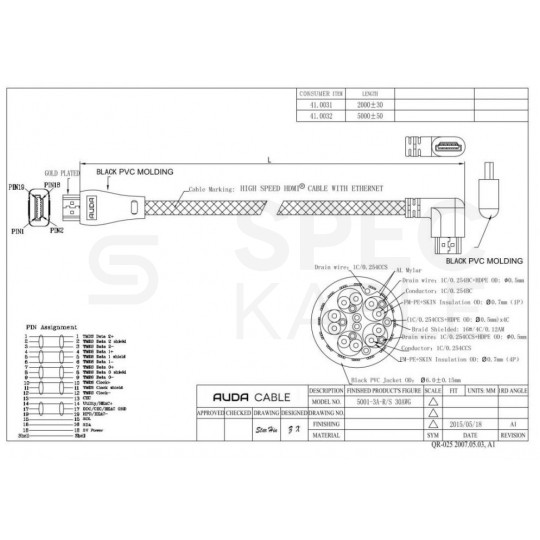 AUDA Optimum Kabel HDMI 1.4 High Speed Full HD 4K@24 z wtykiem kątowym płaskim 5m