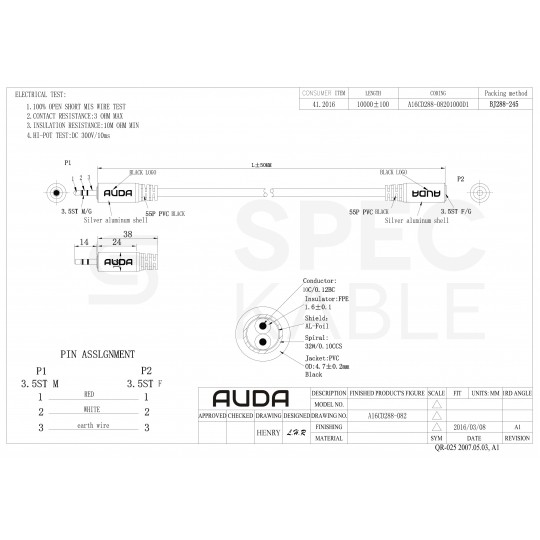 AUDA Optimum Przedłużacz Audio AUX mini Jack 3,5mm Stereo (wtyk / gniazdo) 10m