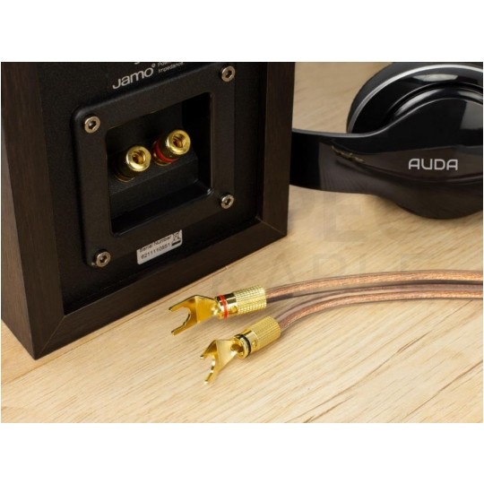 AUDA Optimum Wtyk głośnikowy typu WIDEŁKI skręcany pozłacany czerwony