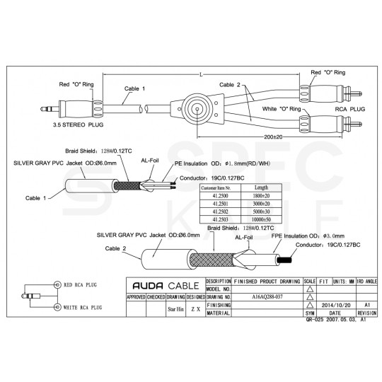 AUDA Prestige Kabel Audio AUX mini Jack 3,5mm Stereo (wtyk) / 2x RCA Cinch (wtyk) 10m