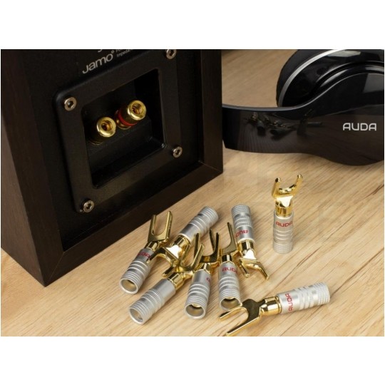 AUDA Prestige Wtyk głośnikowy typu WIDEŁKI skręcany pozłacany czerwony