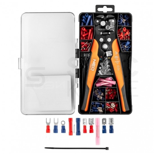 Automatyczny ściągacz izolacji uniwersalny 0,5-6mm2 do kabli solarnych PV czołowy 205mm + akcesoria (opaski zaciskowe, końcówki kablowe) NEO 01-542