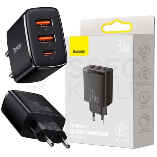 BASEUS Ładowarka sieciowa 2x USB (1x5V / 3A, 1x9V / 2A) Quick Charge 3.0, 1x USB-C PD 3.0 iQ Smart Charging 30W