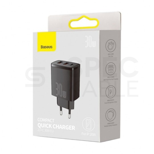 BASEUS Ładowarka sieciowa 2x USB (1x5V / 3A, 1x9V / 2A) Quick Charge 3.0, 1x USB-C PD 3.0 iQ Smart Charging 30W