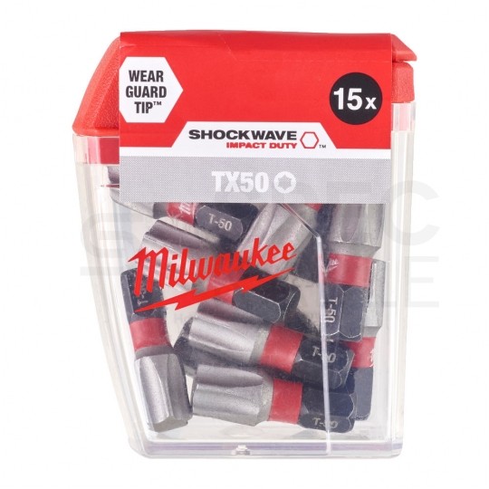 Bity udarowe do wkrętarki TORX TX50 25mm 1/4" SHOCKWAVE 15szt MILWAUKEE
