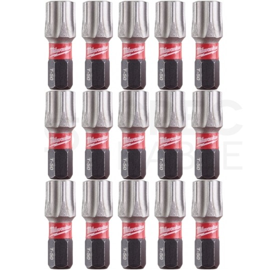 Bity udarowe do wkrętarki TORX TX50 25mm 1/4" SHOCKWAVE 15szt MILWAUKEE