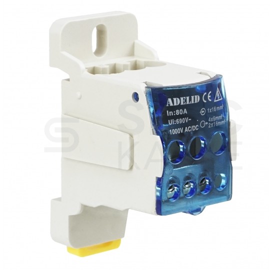 Blok rozdzielczy główny (max. 16mm2) 80A na szynę DIN TH35 niebieski ADELID